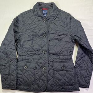 GAP Black Quilted Puffer Jacket Coat Peacoat Button Down Side Pockets Packable